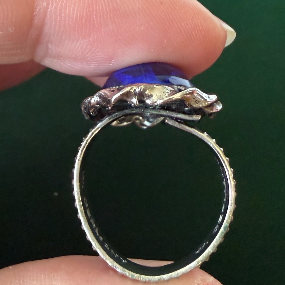 Gorgeous Vintage West Germany Blue Glass Cabochon Silver Tone Adjustable Ring - Picture 7 of 14